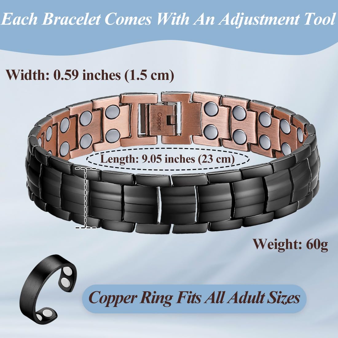 Vicmag copper bracelet magnets and links highlight magnetized wear and secure feel.