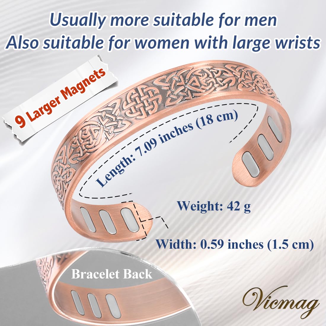 Vicmag durable copper bracelet with protective coating to resist wear.