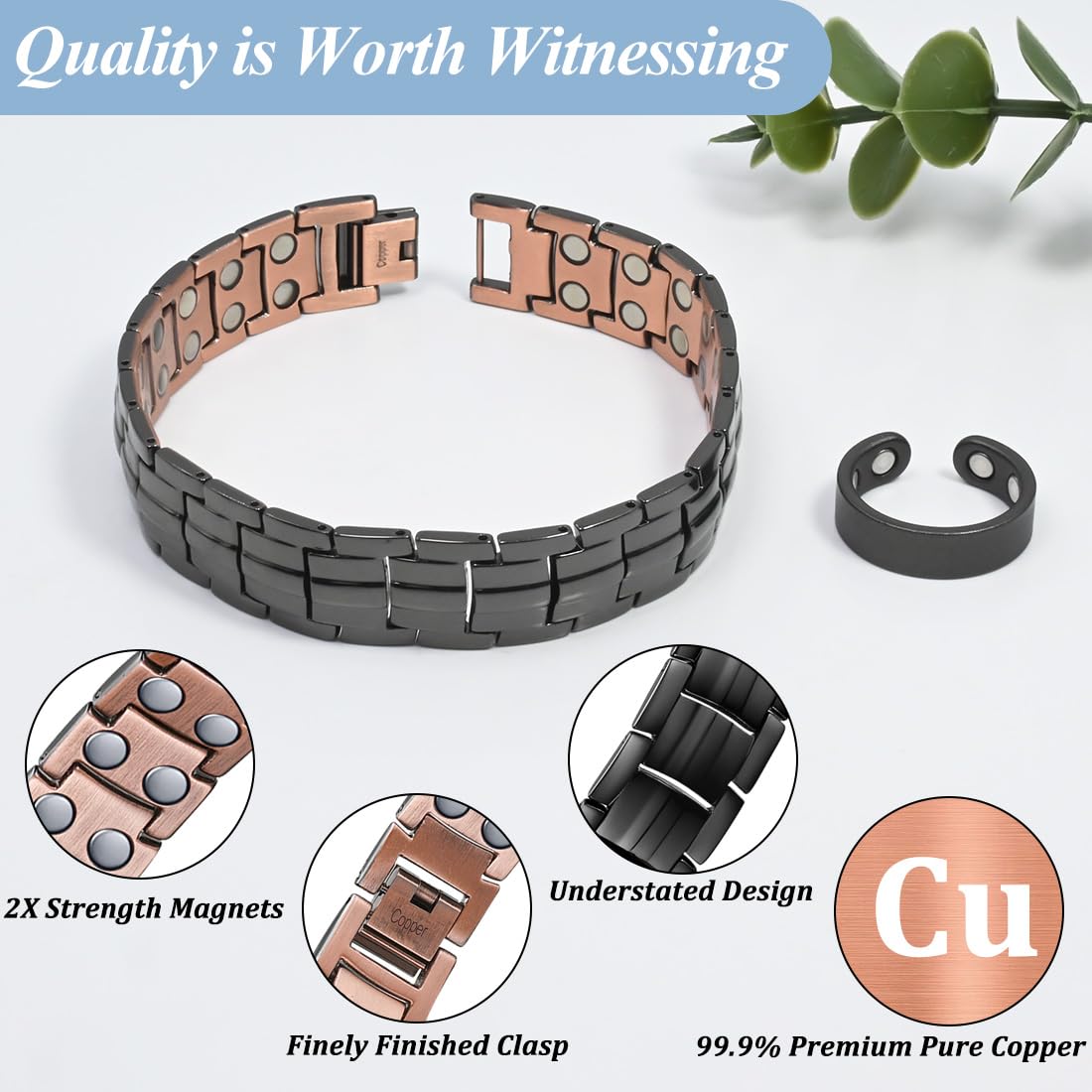 Vicmag copper bracelet set with ring displays masculine styling options.