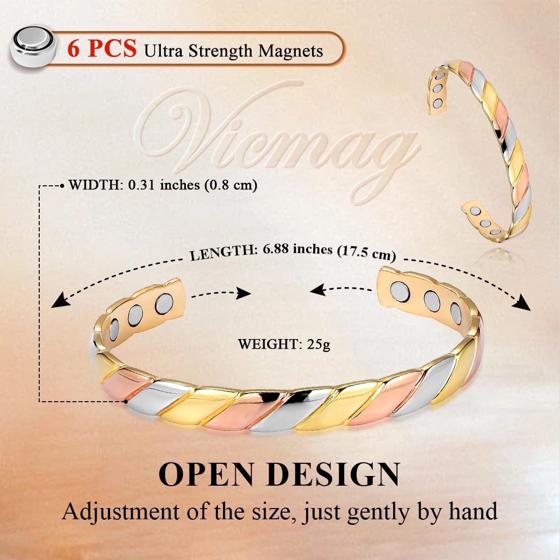 Vicmag copper bracelet with tricolor design for versatile everyday style
