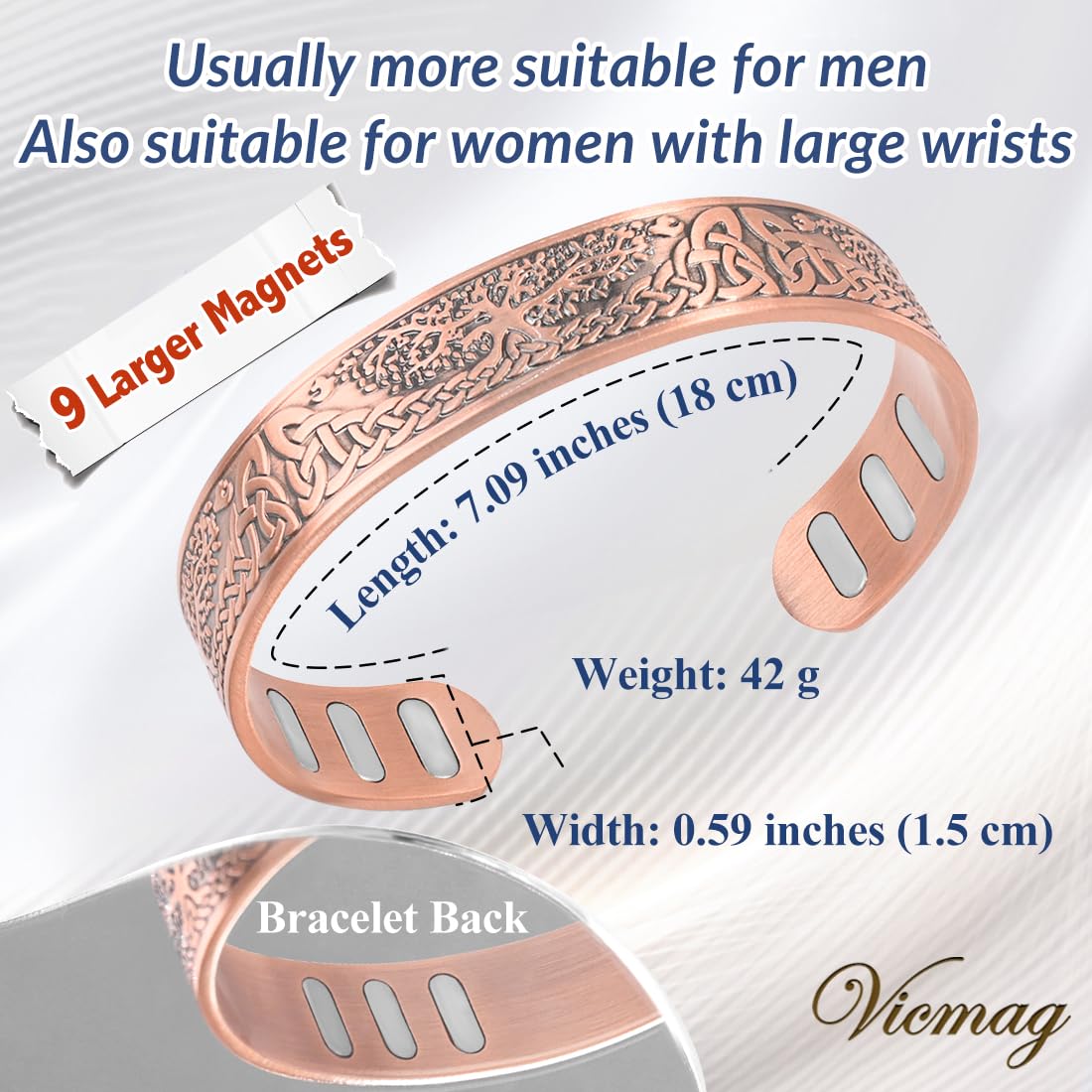 Vicmag copper bracelet weighs 43g with solid feel.