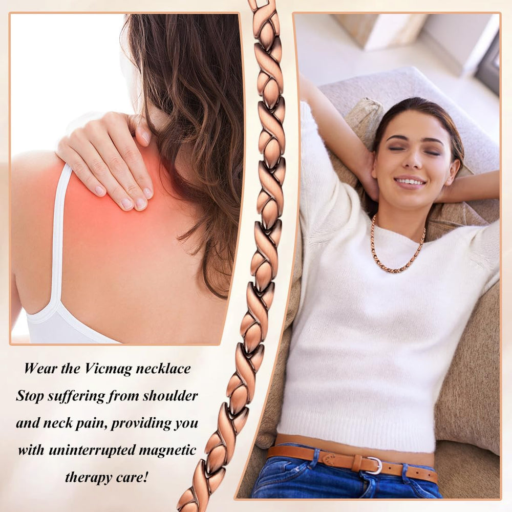 Vicmag copper magnetic necklace adjustable length demonstrated for a comfortable all-day fit.