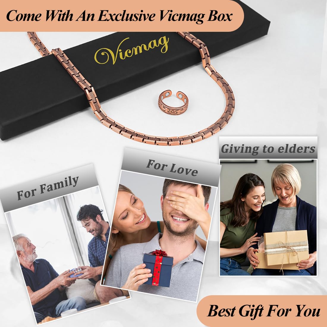 Vicmag copper magnetic necklace bold square-link aesthetic for formal or casual.