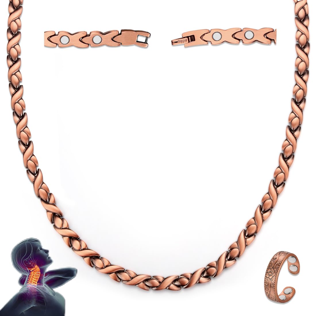 Vicmag copper magnetic necklace closeup highlighting sleek design and polished finish.