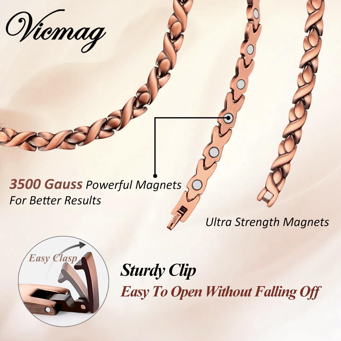 Vicmag copper magnetic necklace worn on neck for versatile casual to formal style.
