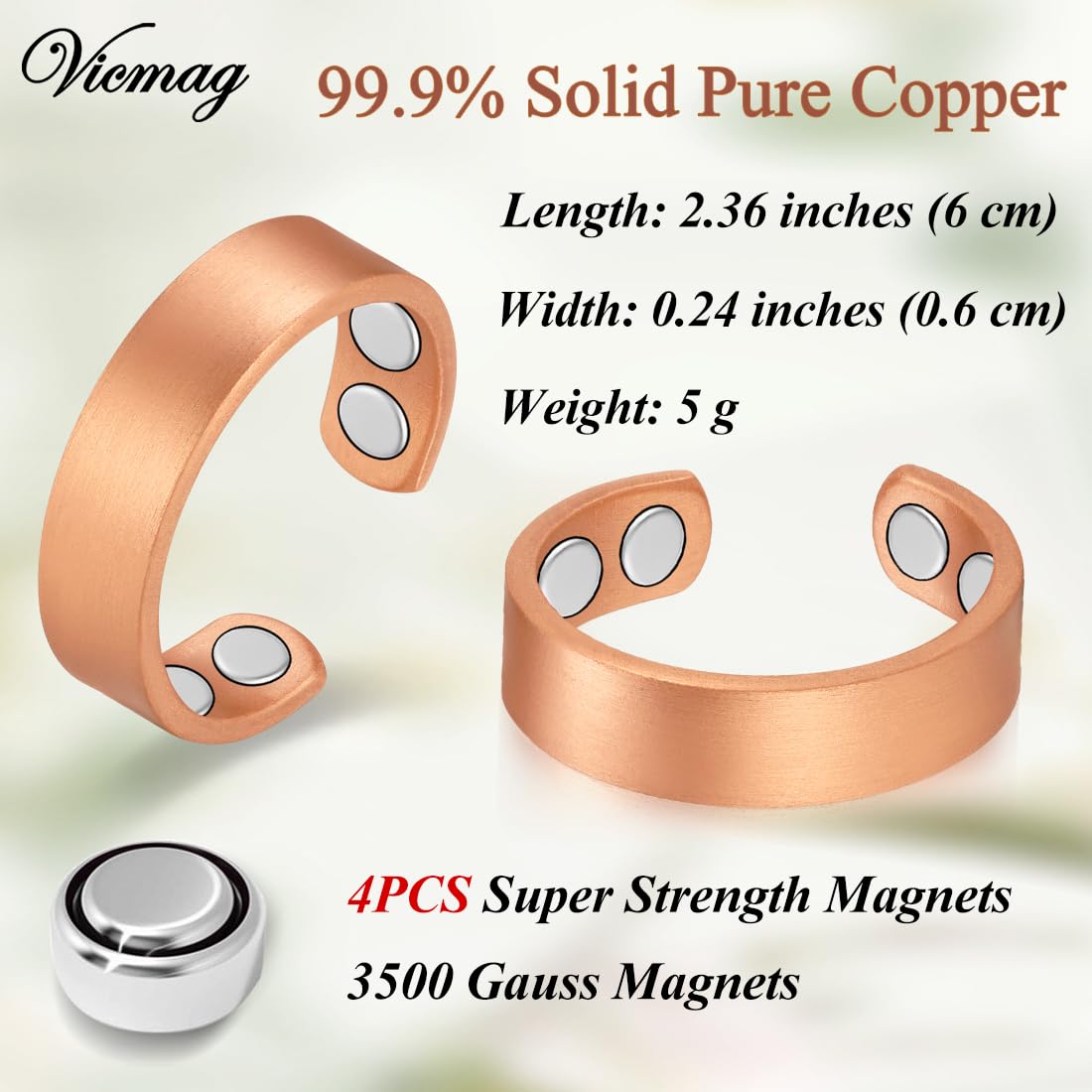Vicmag copper magnetic ring showcases 99.9% copper for lasting shine.