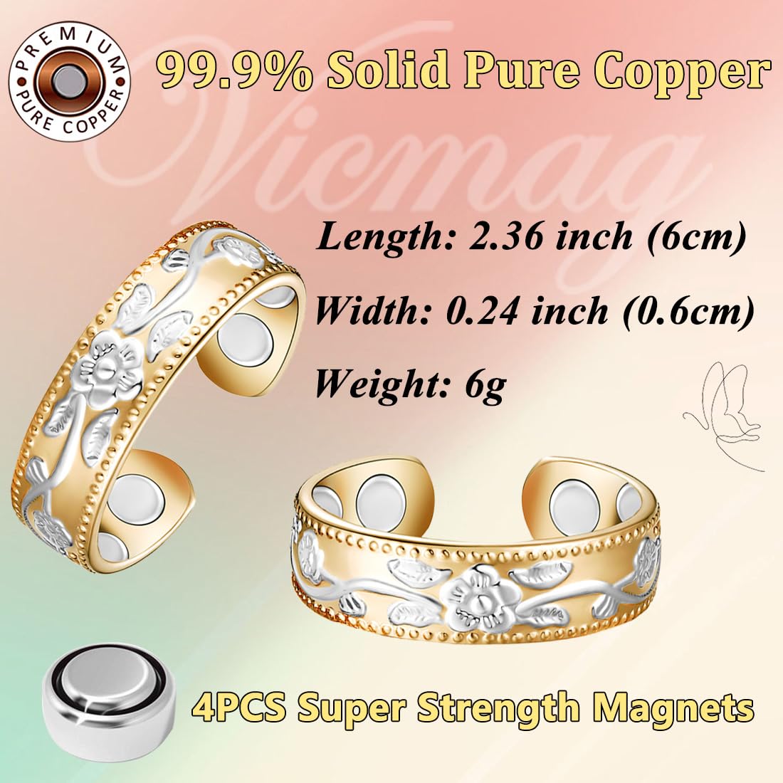 Vicmag Copper Magnetic Ring neodymium magnets visible for a subtle, supportive touch.
