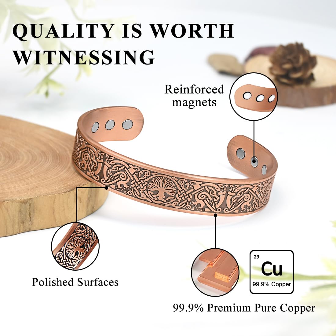 Hypoallergenic copper with no lead or nickel for sensitive skin.