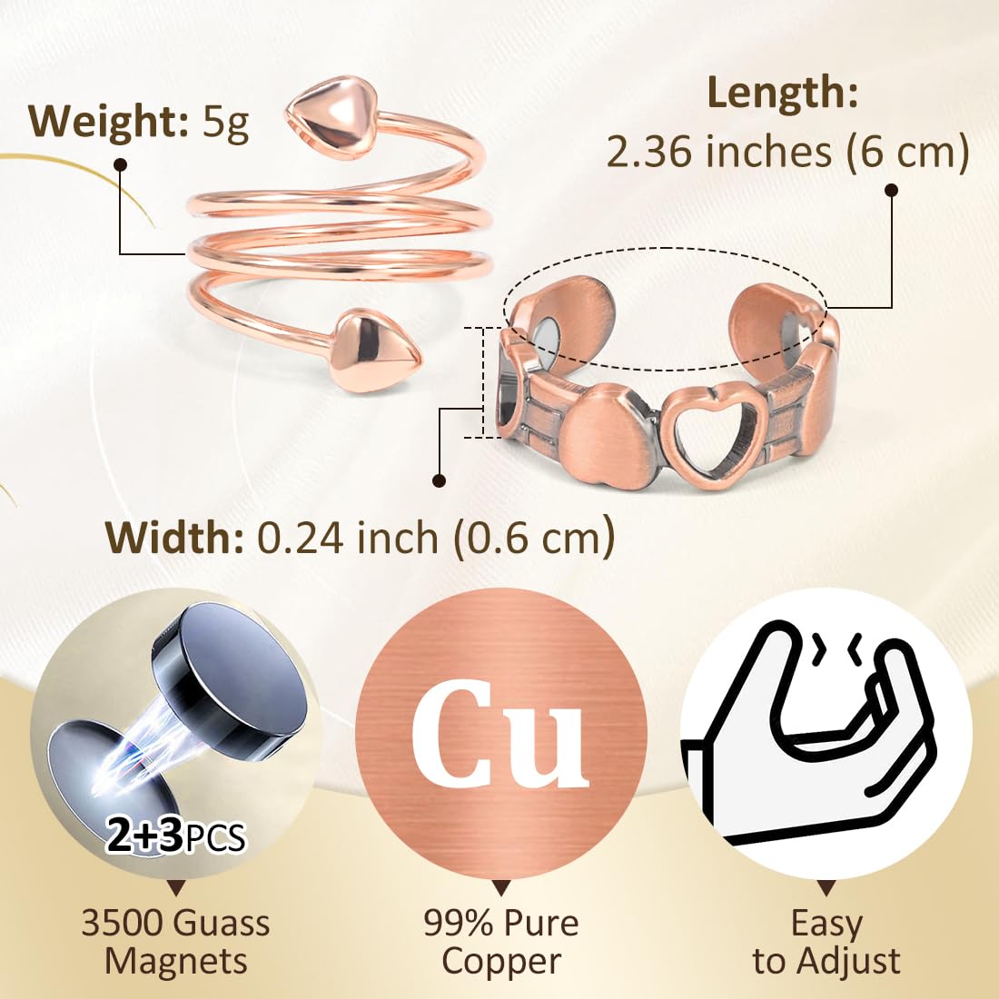 Vicmag hypoallergenic copper design ensures comfortable wear on sensitive skin.