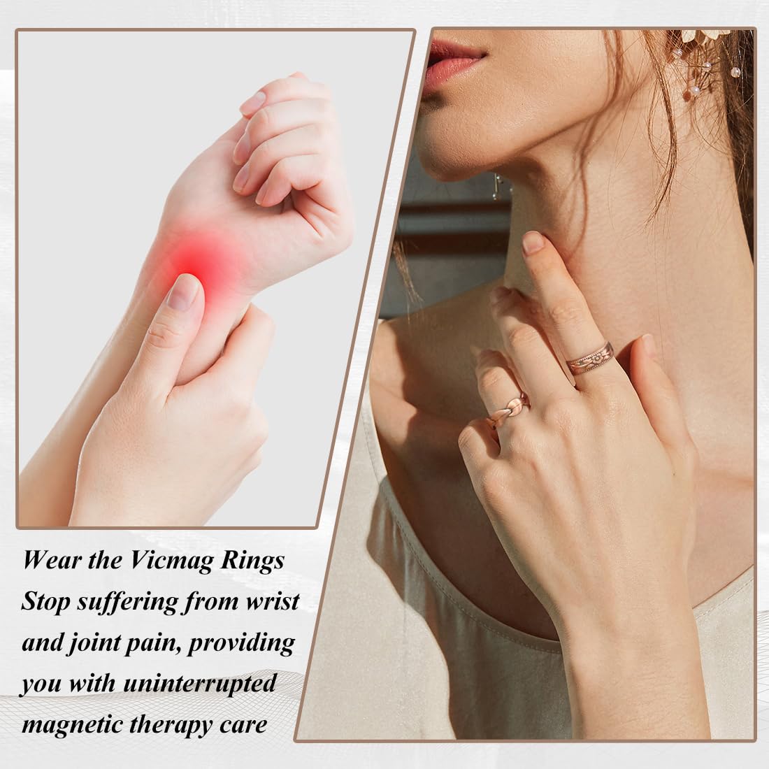 Vicmag ring worn on finger under light reveals subtle shimmer