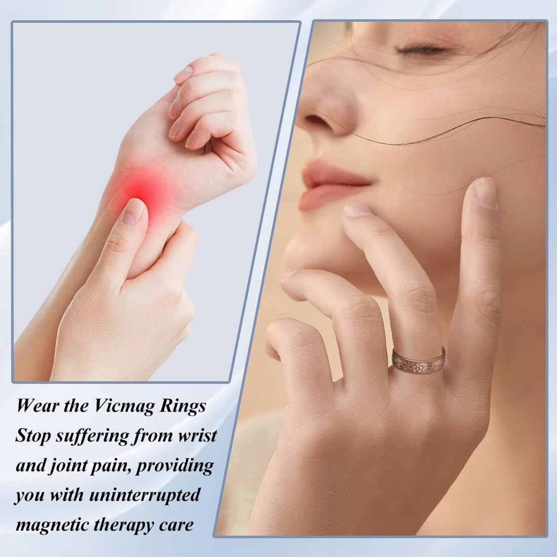 Vicmag ring worn on finger illustrating comfortable all-day wear.