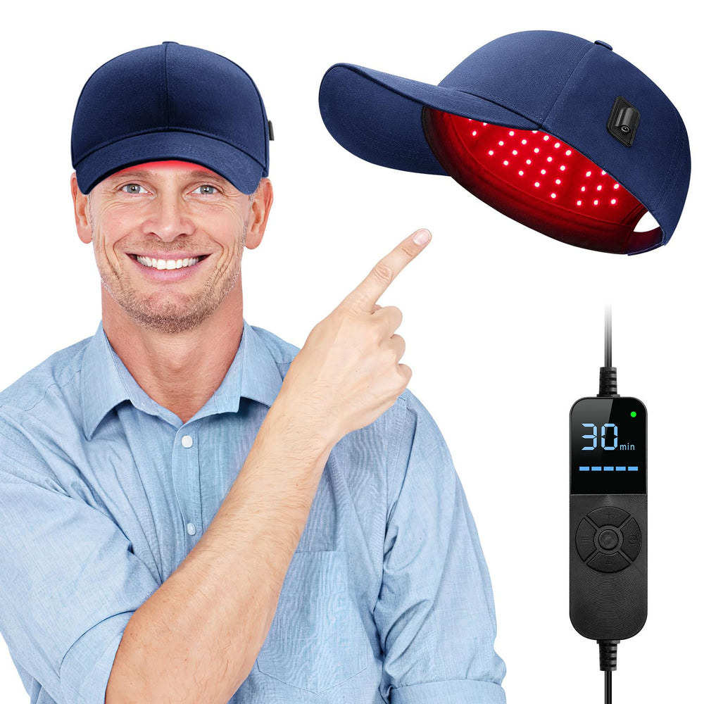 Viconor blue laser cap on head enables convenient at-home light therapy.