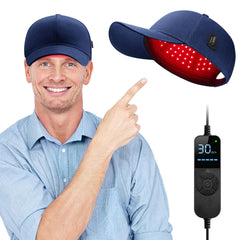 Viconor blue laser cap on head enables convenient at-home light therapy.
