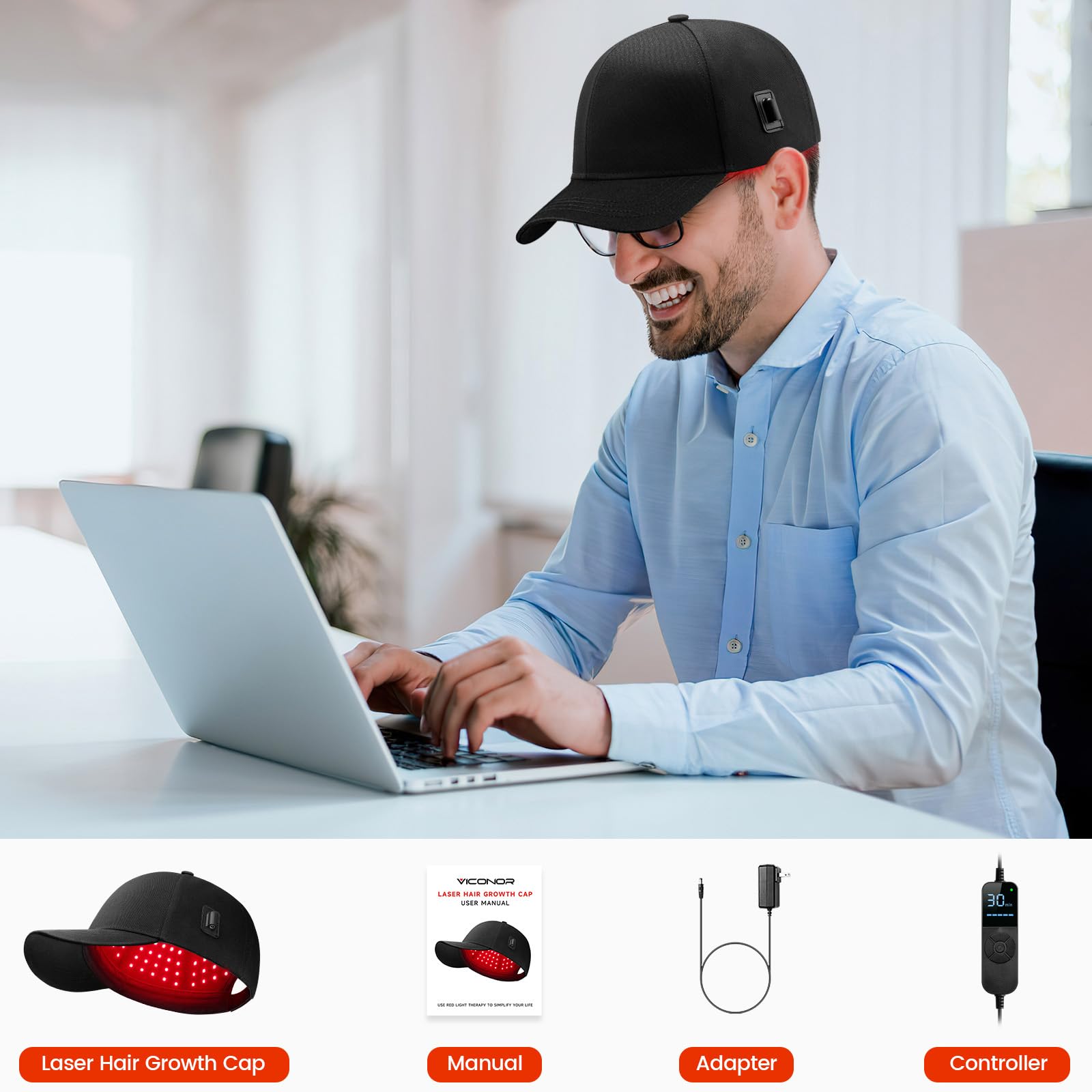 Viconor Laser Hair Growth Cap powered by adapter for stable therapy