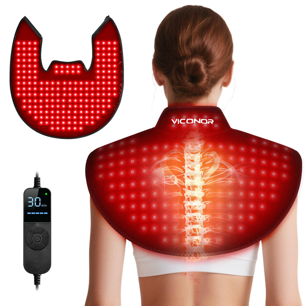 Viconor neck-shoulder red light panel targeting neck tension with warm illumination