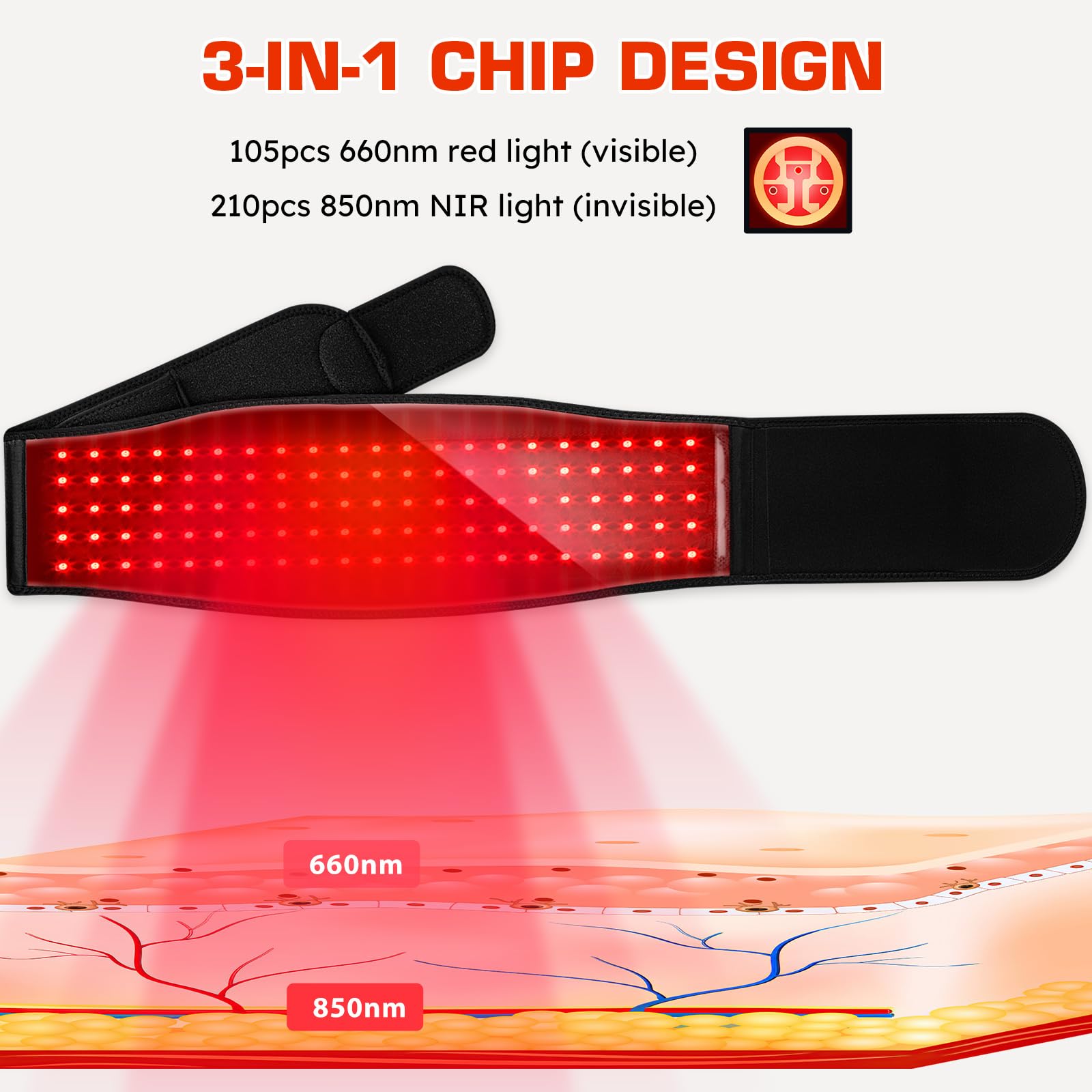 Viconor red light belt features neoprene strap for secure placement.