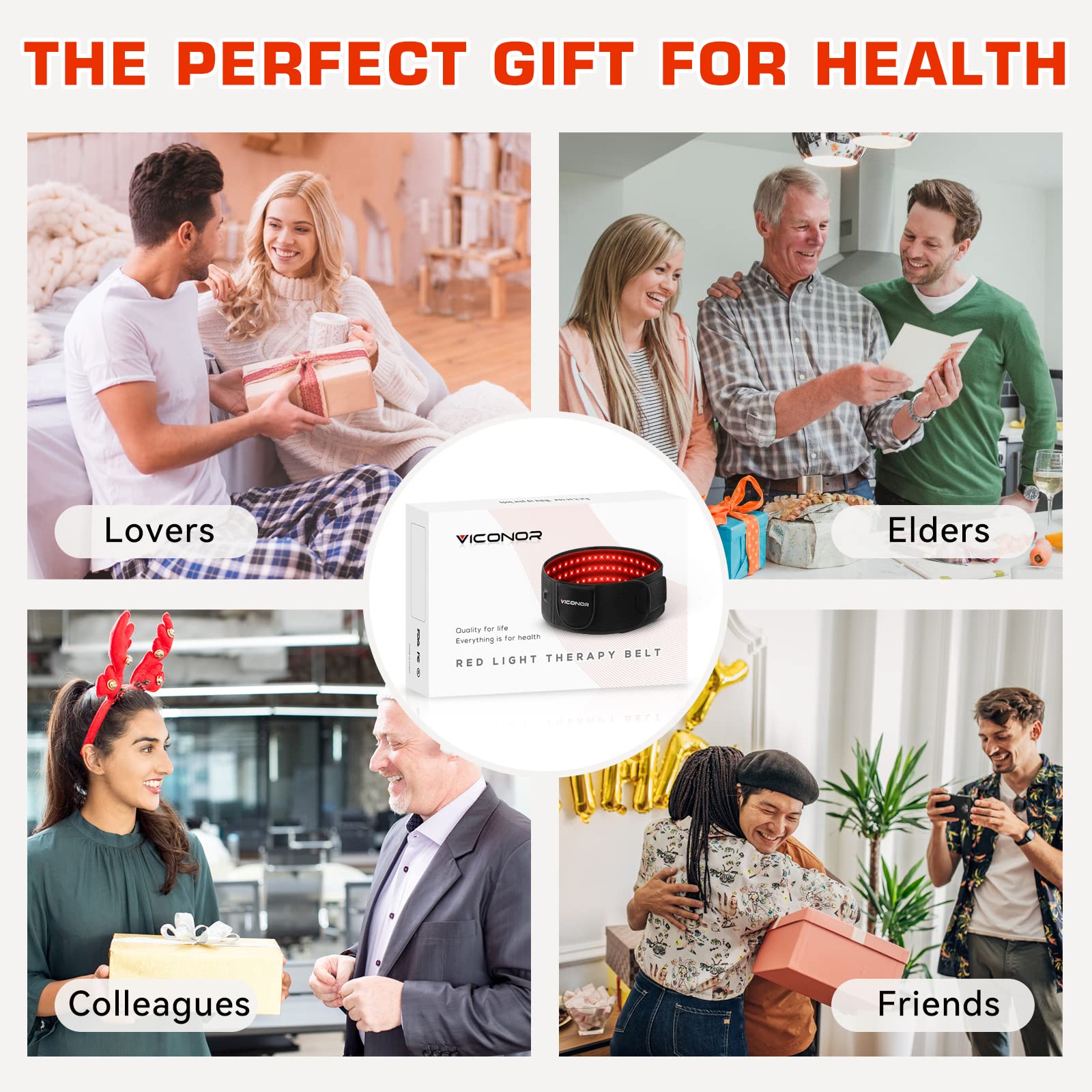 Viconor red light belt supports USB, power bank, or wall power.