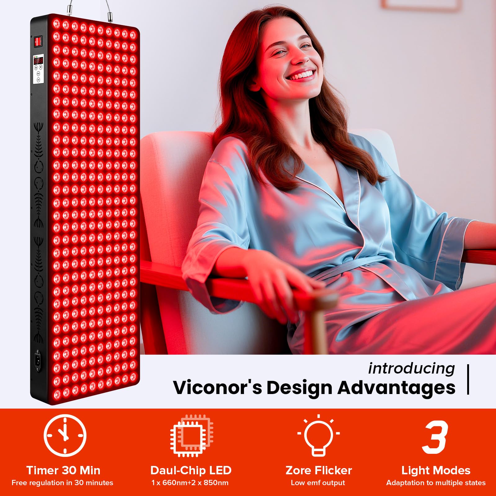 Viconor red light panel showing broad 900-bead coverage for multiple areas.