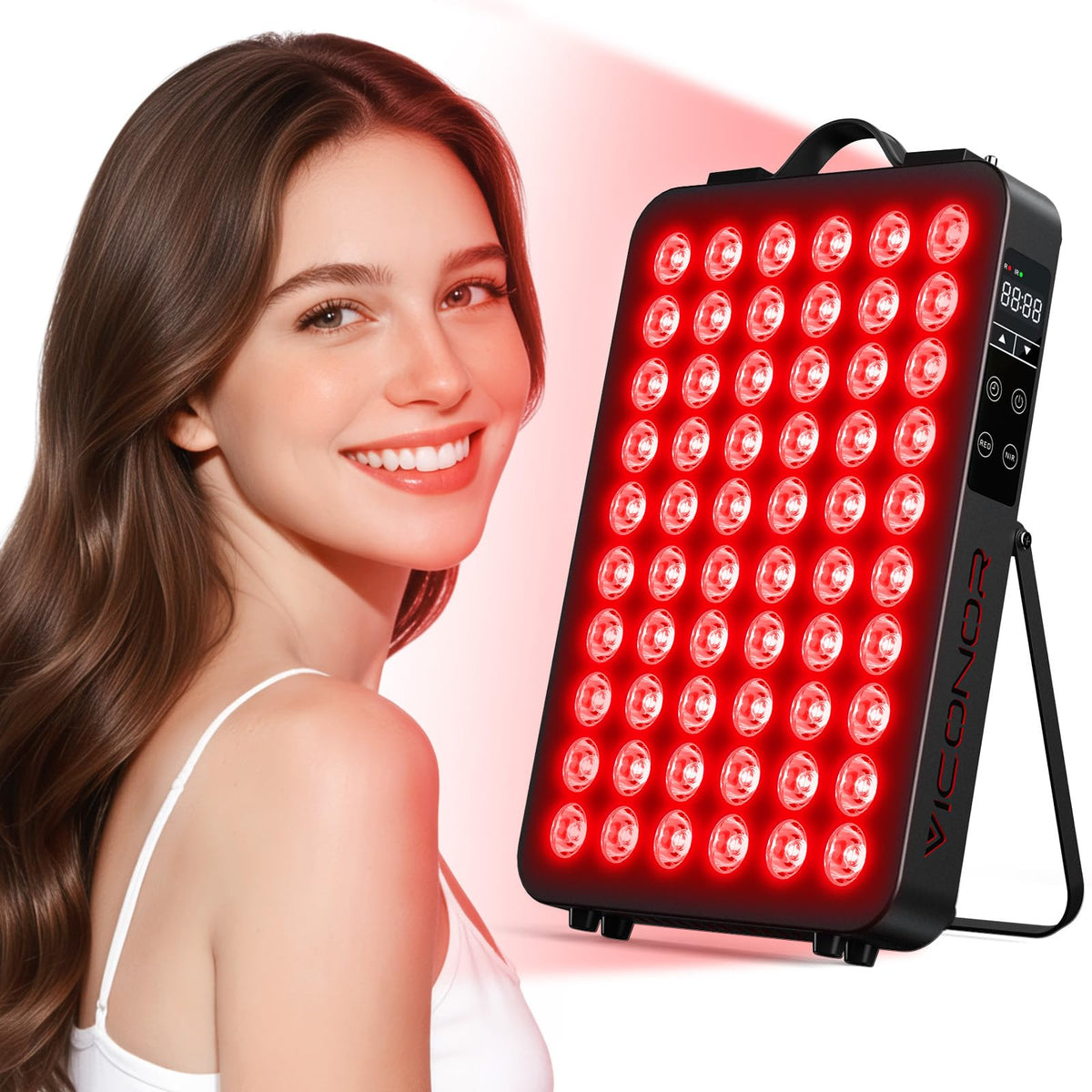 Viconor red light panel front view highlighting dual 660nm and 850nm LEDs for full-body therapy