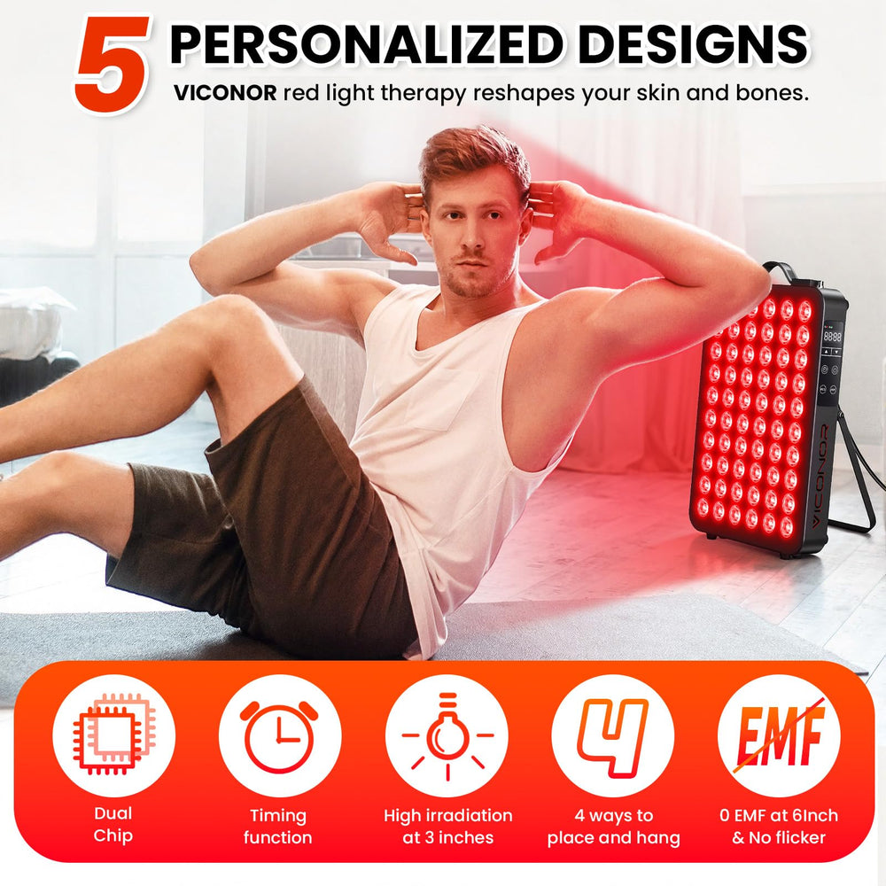 Viconor red light panel table-stand use shown for flexible placement during routines