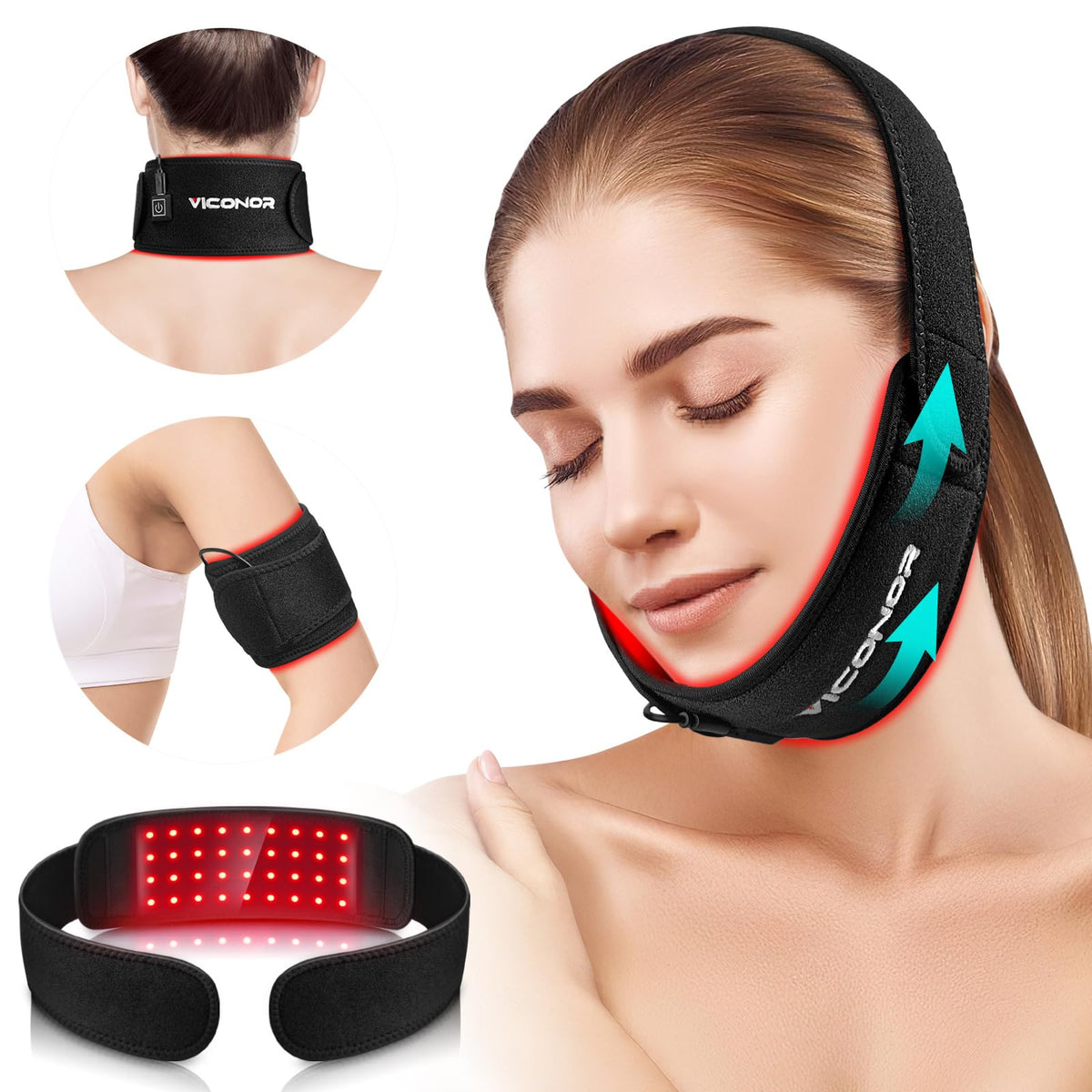 Viconor red light therapy belt worn on the neck delivering soothing warmth and relaxation.
