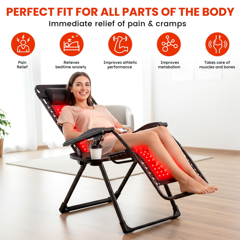 Viconor red light therapy mat folding chair angle demonstrates adjustable recline for comfort.