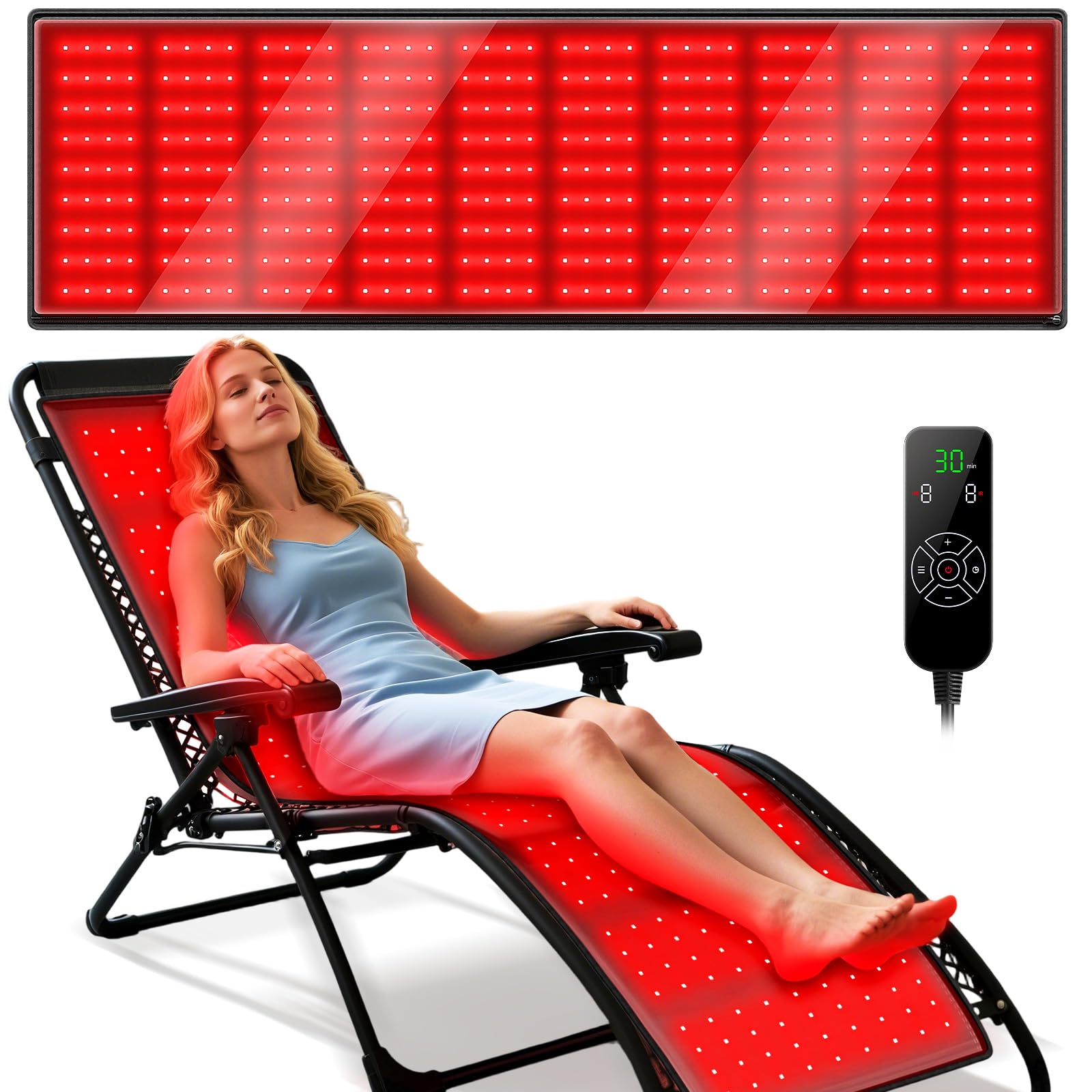 Viconor red light therapy mat in lounge-chair overview for cozy relaxation sessions.