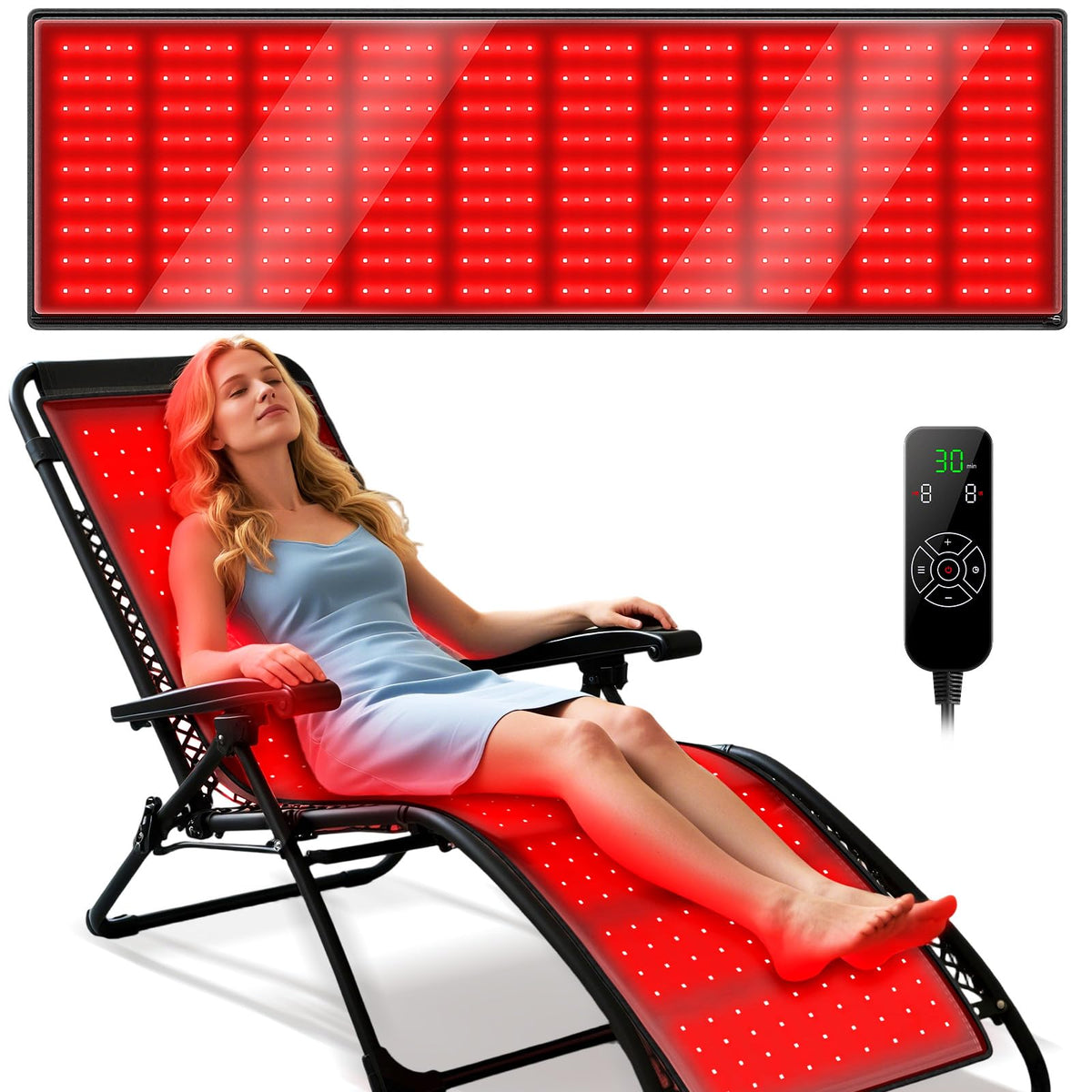 Viconor red light therapy mat in lounge-chair overview for cozy relaxation sessions.