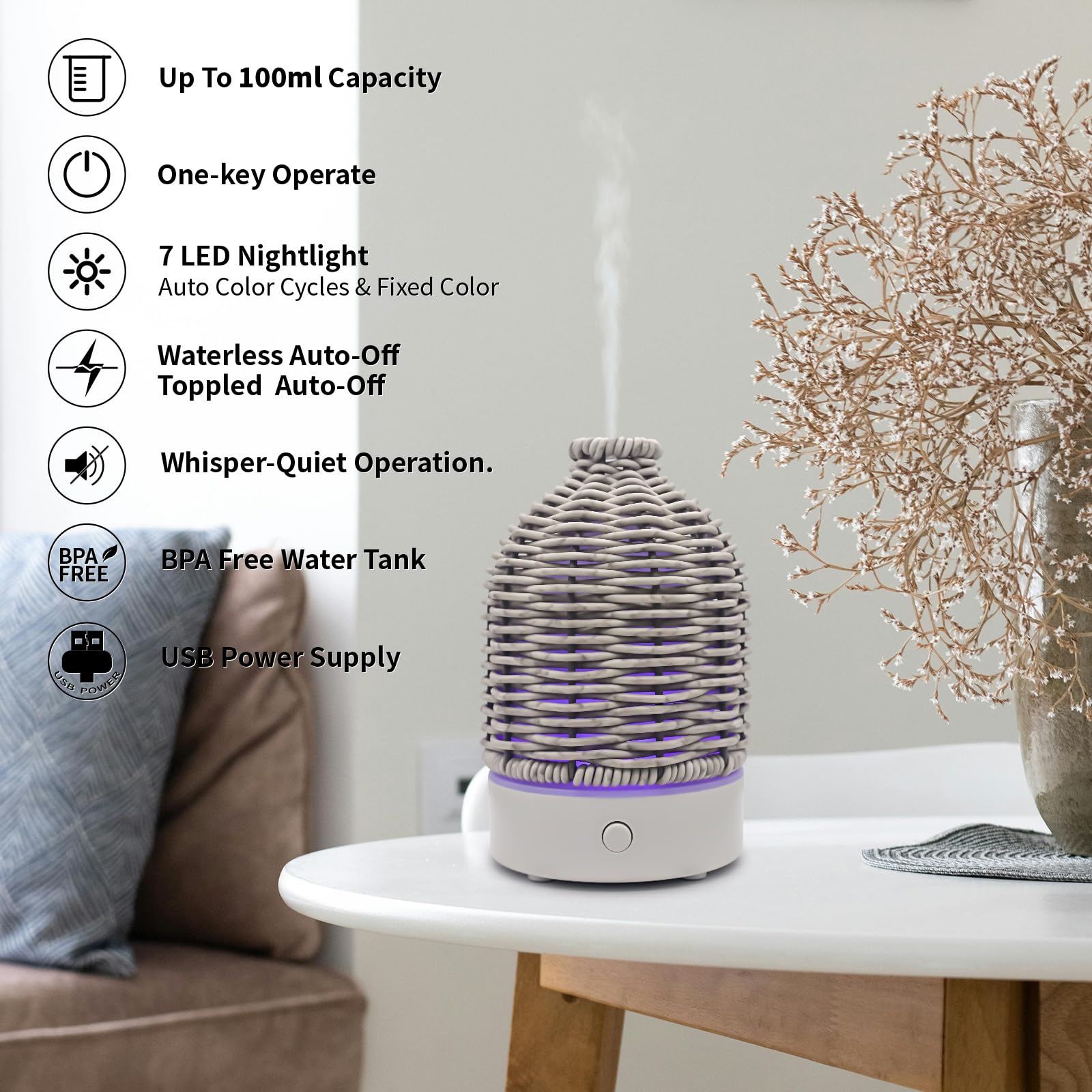 Victoria Aroma diffuser shows seven LED color options for ambient lighting