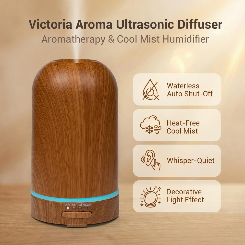 Victoria Aroma compact diffuser on desk or nightstand complements decor.