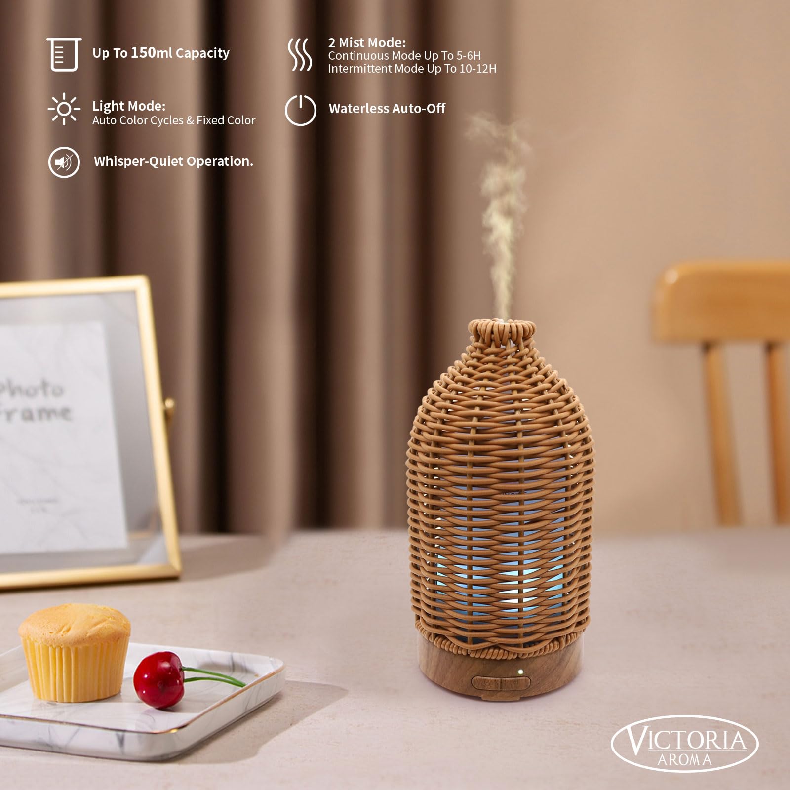 Victoria Aroma diffuser operates quietly, suitable for study or bedside use.
