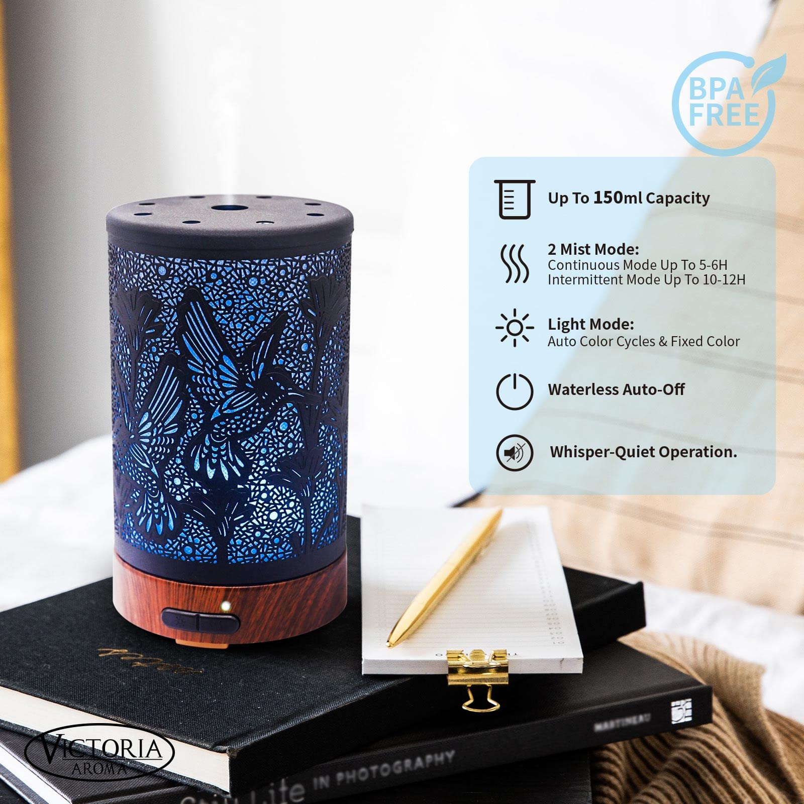 VICTORIA AROMA Hummingbird diffuser with wood-grain base adds warm decor while releasing fragrance.