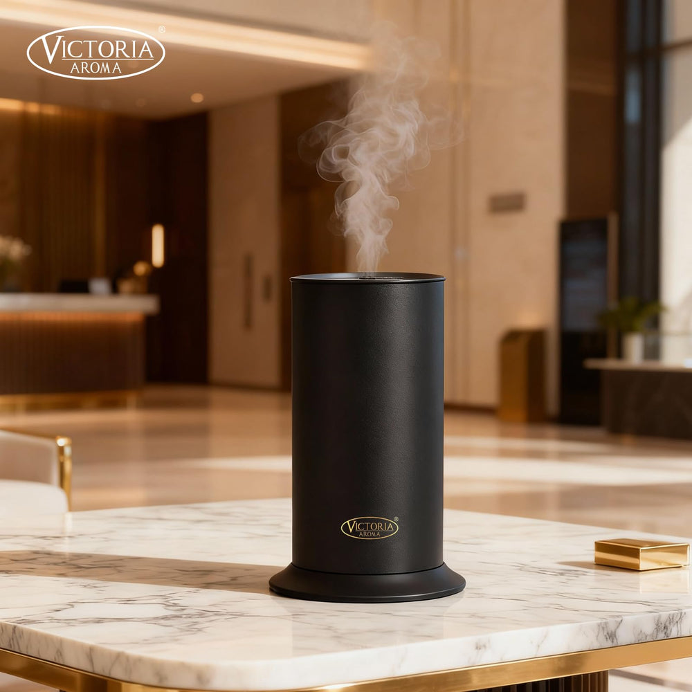 Victoria Aroma diffuser in use, releasing a steady scent across an open lobby.