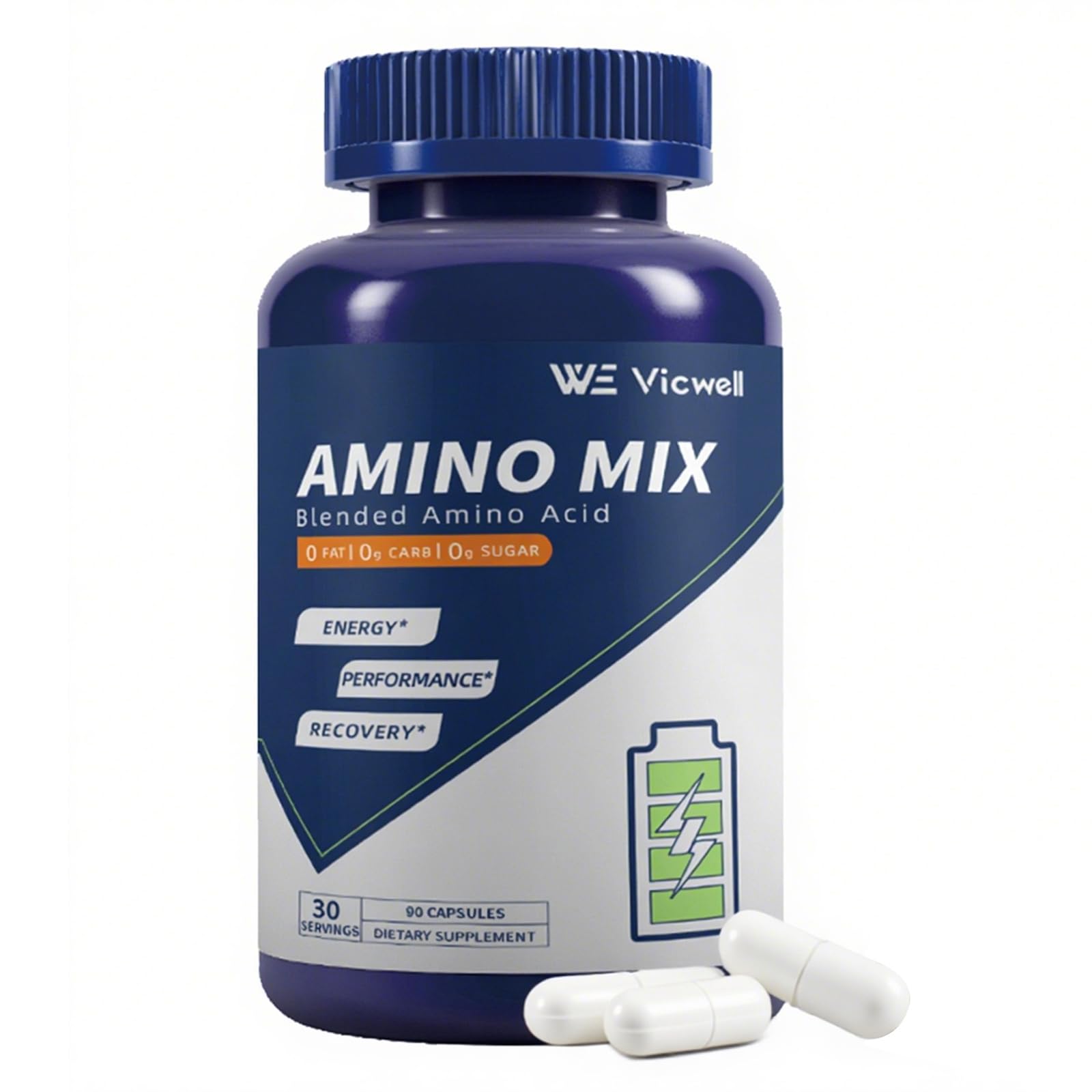 Vicwell Amino Acid bottle front showcases a complete daily amino blend for active lifestyles.