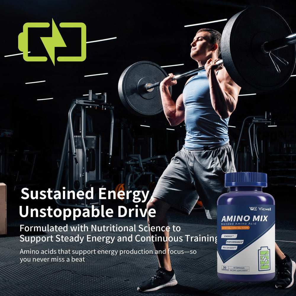 Vicwell Amino Acid bottle label highlights 11 amino acids including BCAAs for recovery.