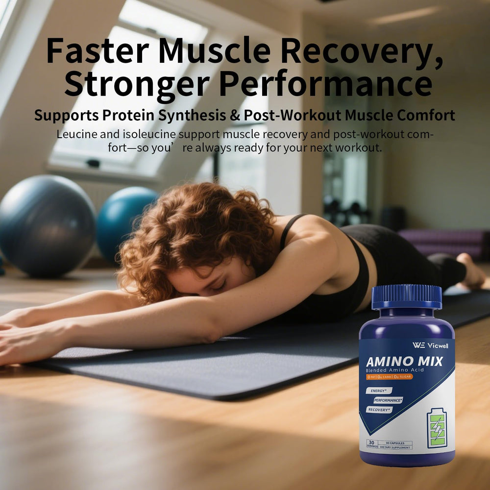 Vicwell Amino Acid capsules shown for convenient daily dosing and use.