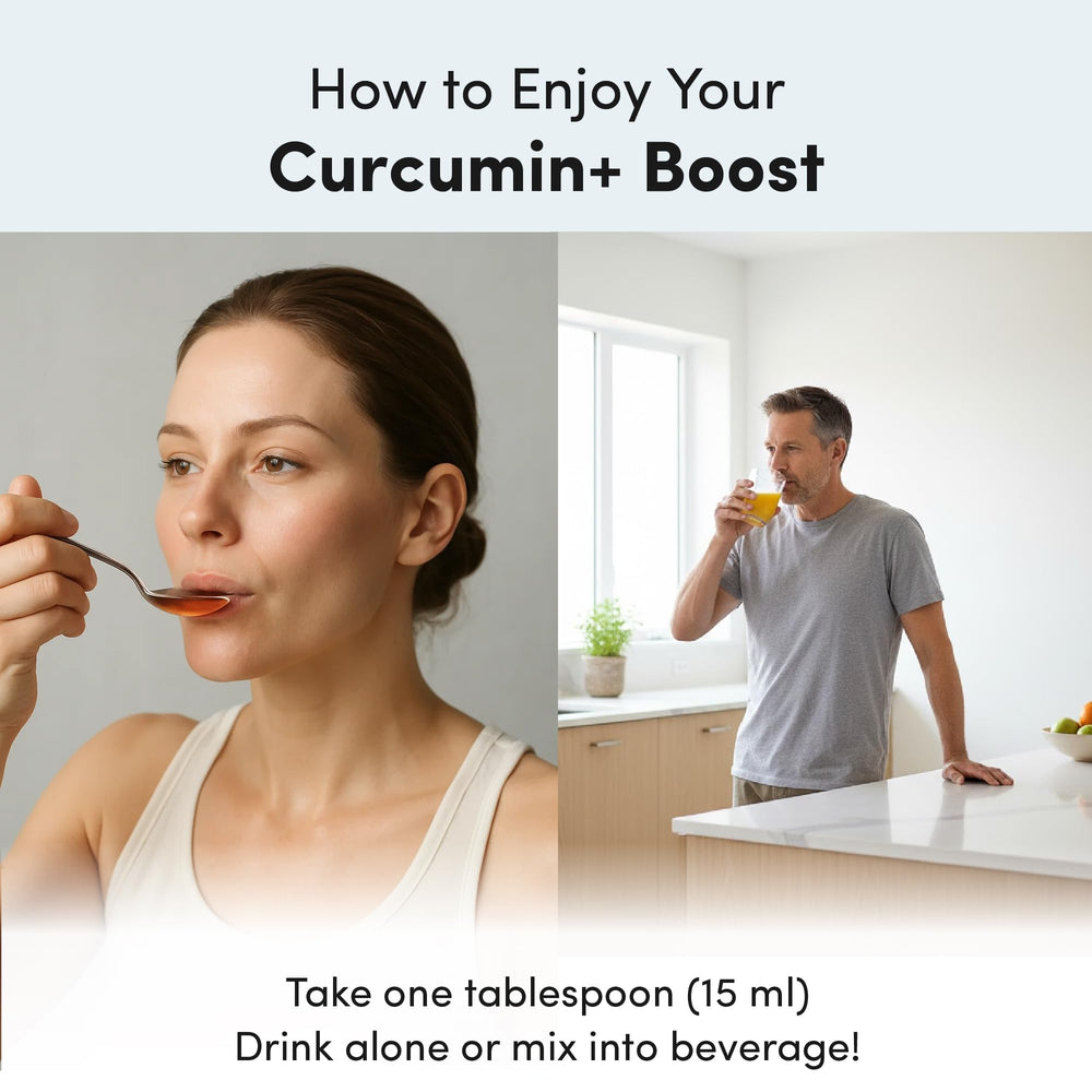Vida Lifescience Aurora Curcumin liquid measured with spoon, convenient 15 ml serving