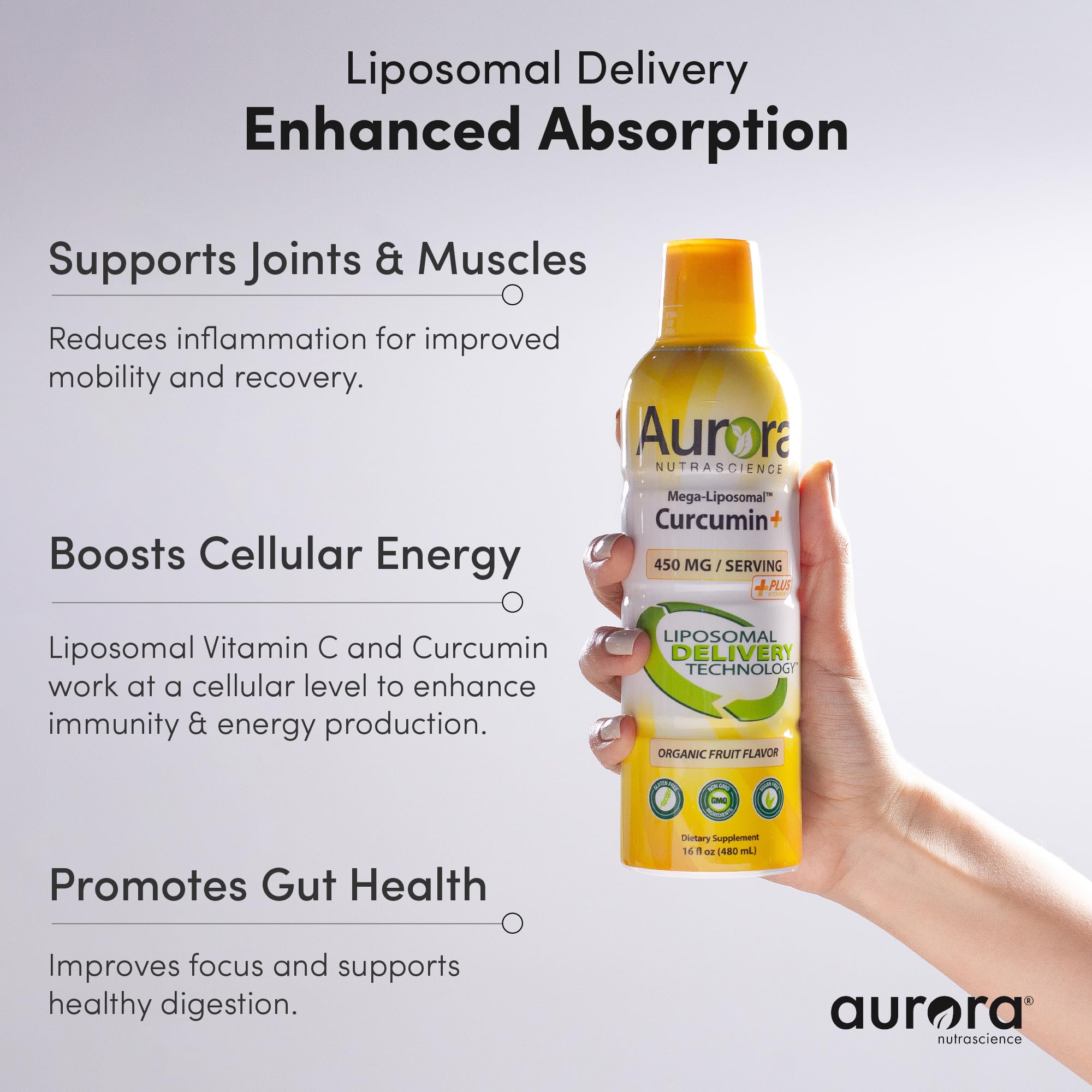 Vida Lifescience Aurora Curcumin liquid in glass, smooth texture with natural fruit flavor