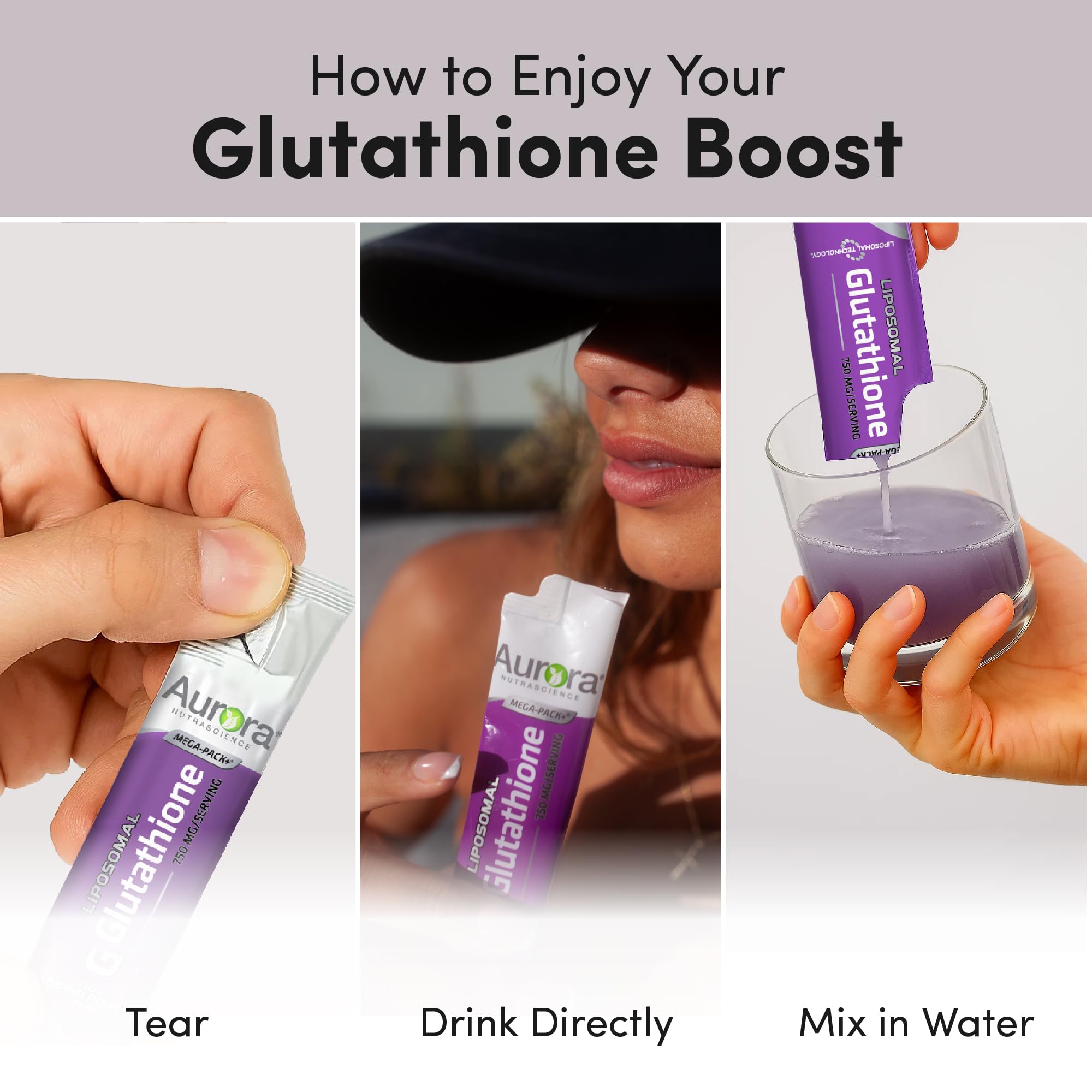 Travel-ready Aurora sachets shown beside water bottle for health routines.