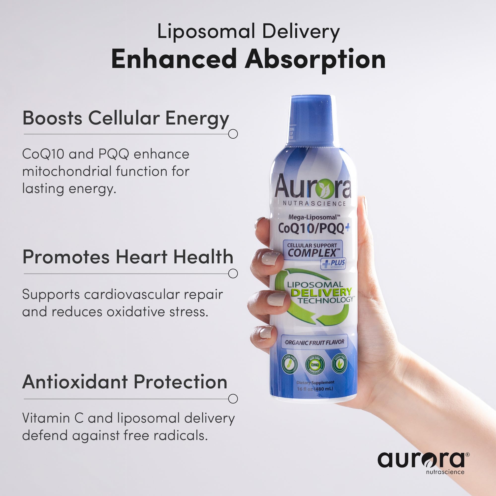 Vida Lifescience Aurora PQQ bottle emphasizes mitochondrial support and energy potential