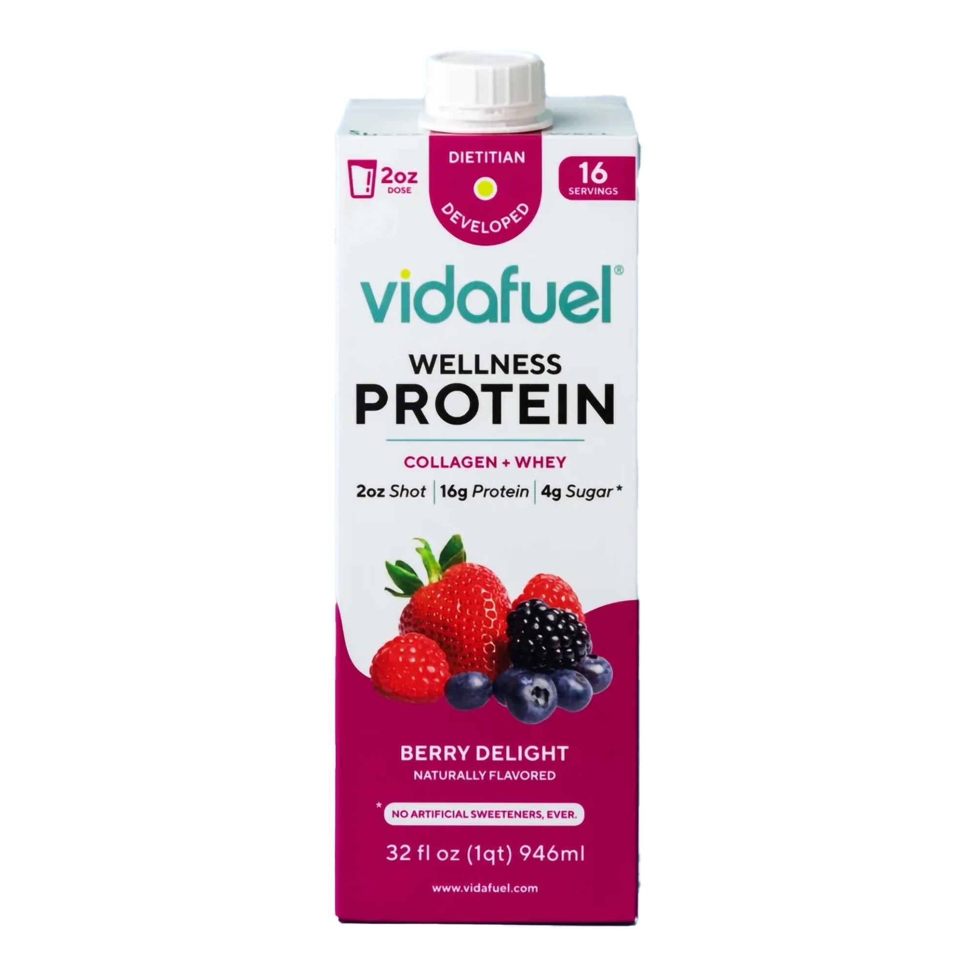Vidafuel berry flavor beverage near spoon indicates easy addition to smoothies.