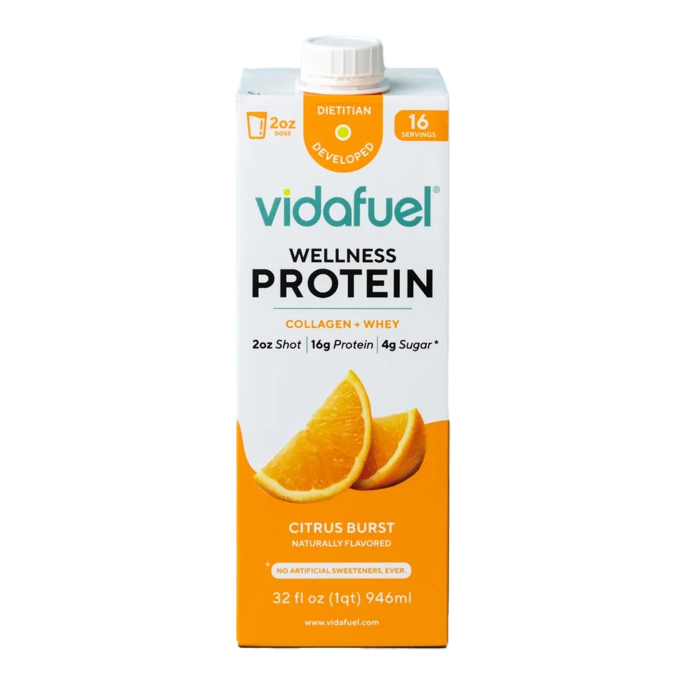 Vidafuel on-the-go bottle in bag illustrating portable protein option