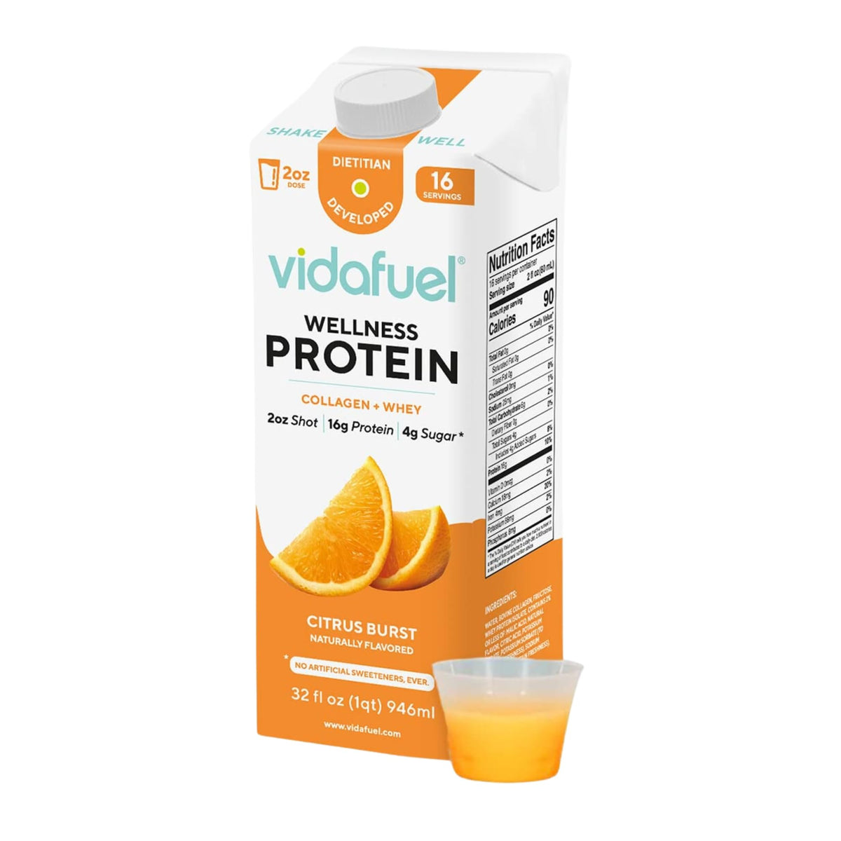 Vidafuel 2oz citrus protein shot pour demonstrating convenient high-protein format