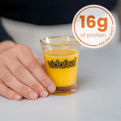 Vidafuel shot close-up highlighting protein density in a compact bottle