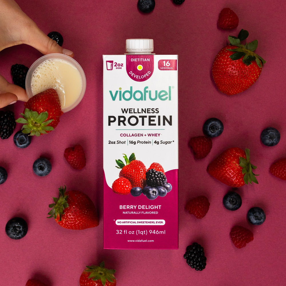 Vidafuel ready-to-drink glass texture suggests smoothie-like convenience.