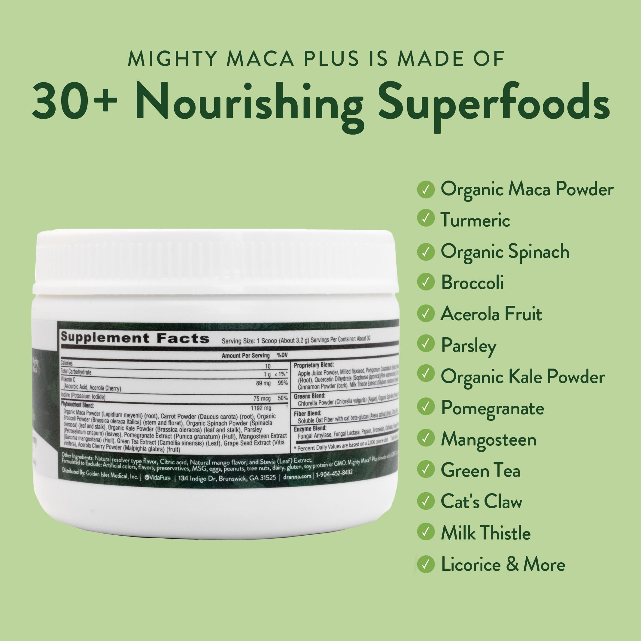 Kitchen counter with daily-use VIDAPURA Mighty Maca Plus Mango bottle.