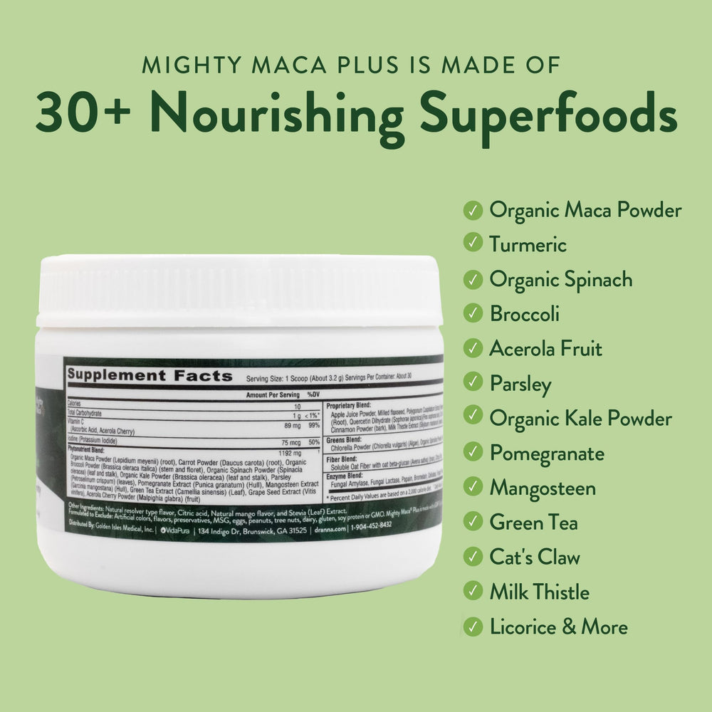Kitchen counter with daily-use VIDAPURA Mighty Maca Plus Mango bottle.