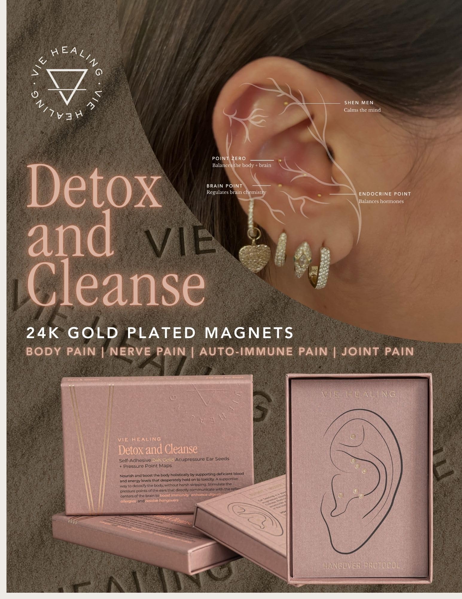 Vie Healing 24k gold ear seed application step illustrating simple setup.