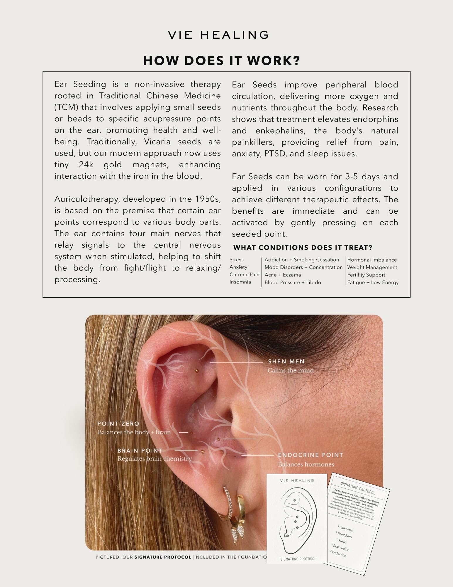 Vie Healing 24K Gold Ear Seeds closeup highlights shimmering seeds for calm self-care