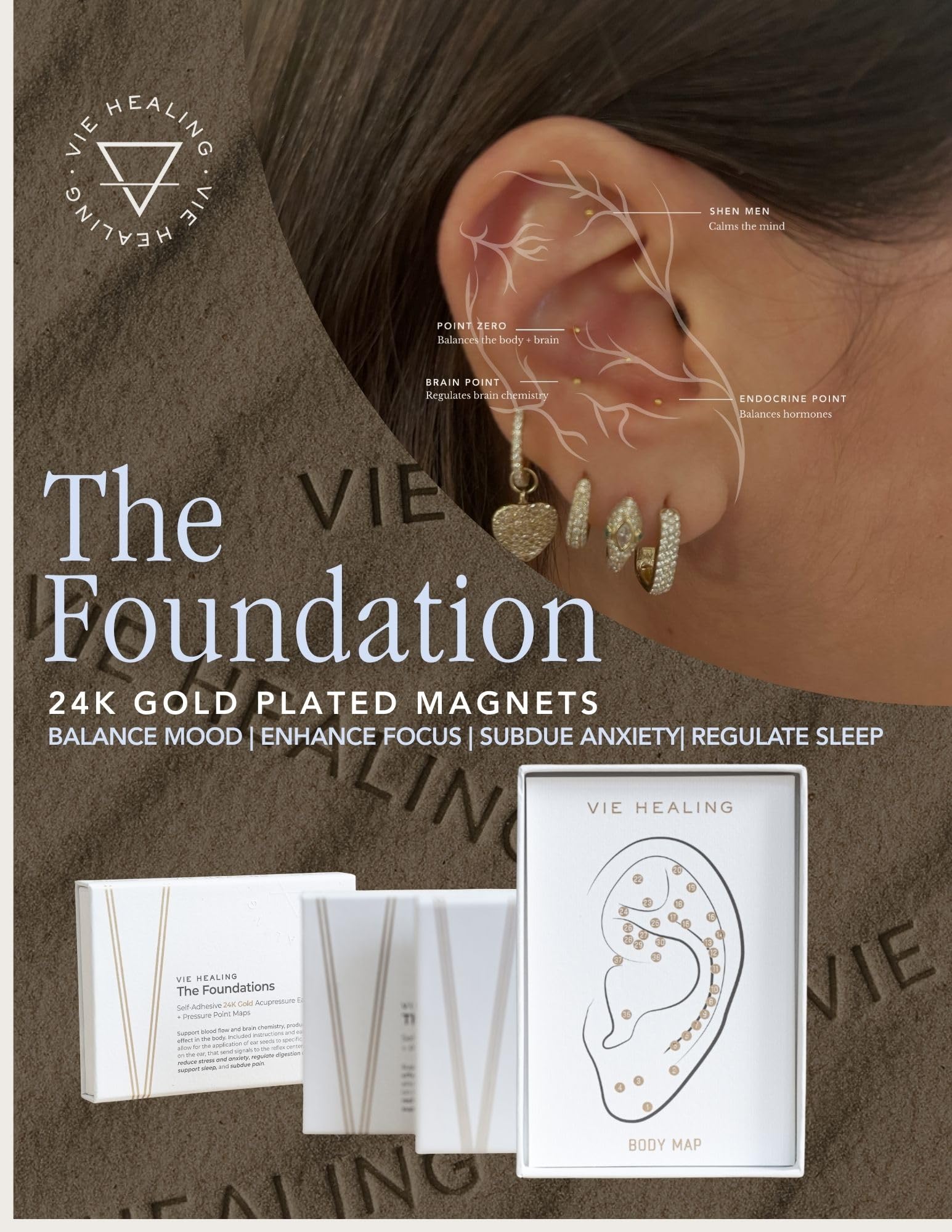 Vie Healing 24K Gold Ear Seeds elegant packaging complements a refined wellness routine